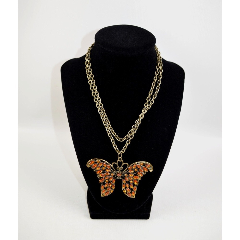 Gold Tone Chain Necklace w/ Embellished Butterfly with Amber Rhinestones 34"